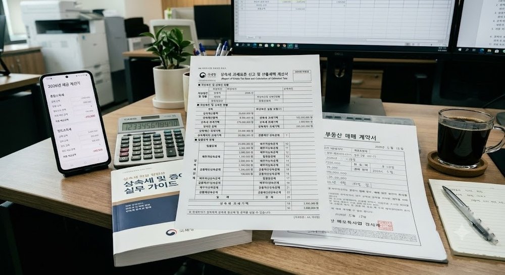 상속세 공제 항목이 적힌 국세청 신고 안내문과 볼펜