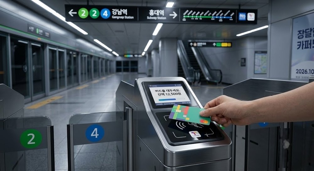 지하철 개찰구 단말기에 신용카드를 태그하는 손
