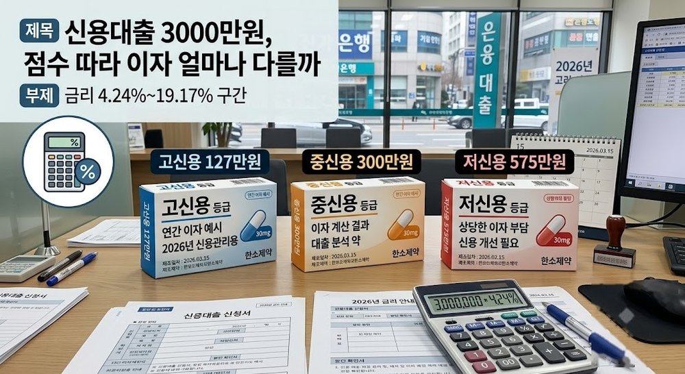 신용점수 구간별 신용대출 3000만원 이자 비교 인포그래픽