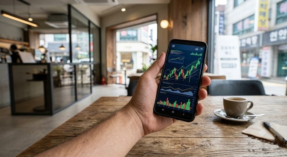스마트폰으로 나스닥 ETF 수익률을 확인하는 모습