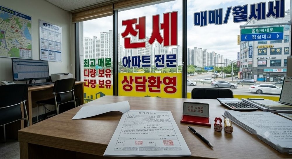 전세 매물 표지가 붙은 부동산 중개소와 서울 아파트 단지 전경