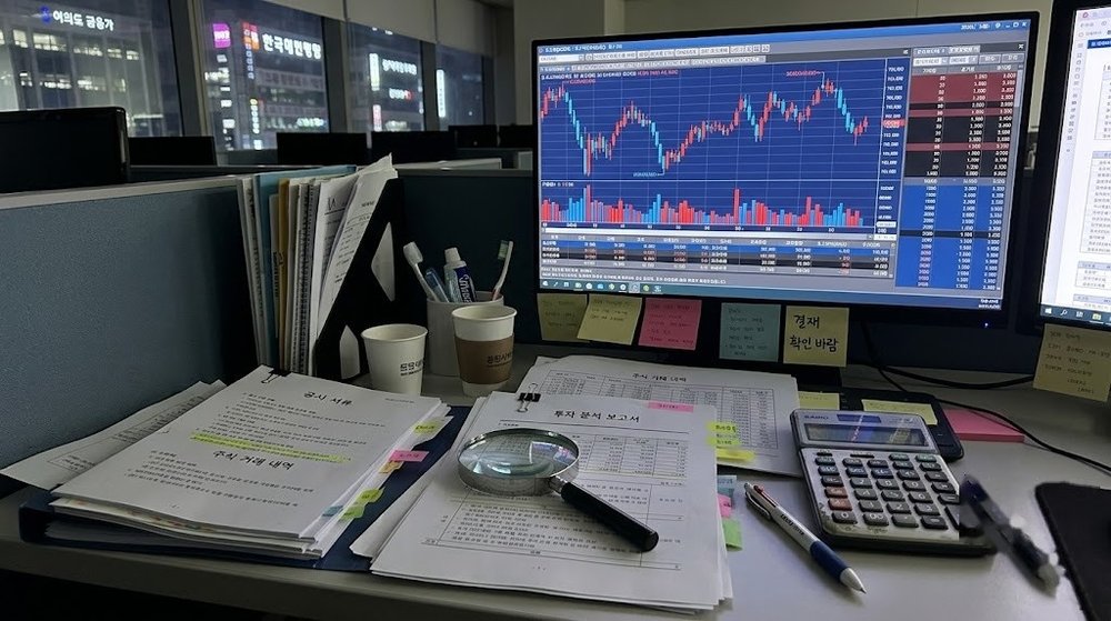 자사주 소각 공시 서류와 주가 그래프가 놓인 증권사 사무실 책상