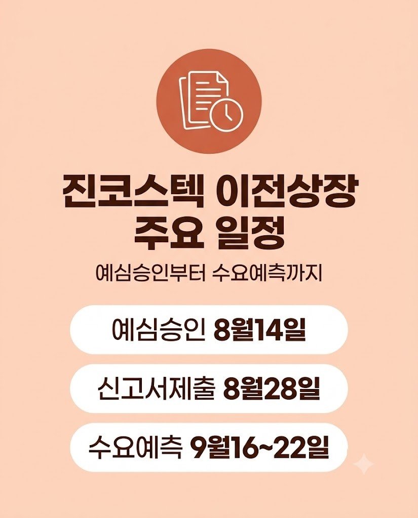진코스텍 이전상장 예심승인부터 수요예측까지 일정 인포그래픽